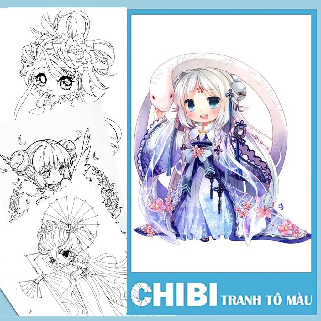 Tranh tô màu Anime Chibi combo 20 tấm khổ giấy A4