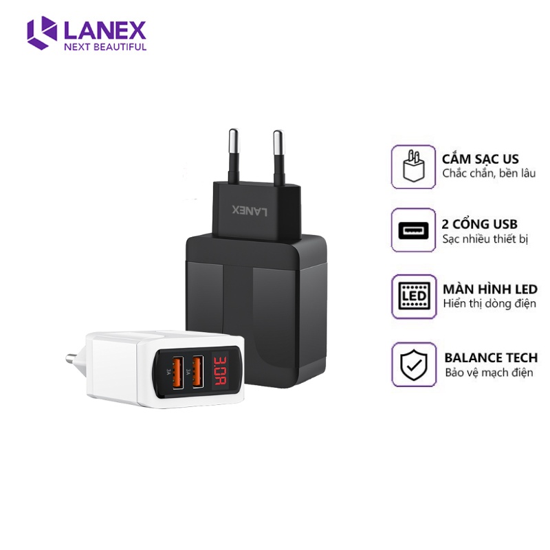 Cóc sạc 2 cổng USB 3.0A LANEX LC05 - màn hình led - hàng chính hãng