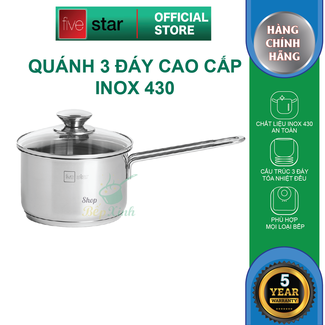 Quánh 3 đáy inox 430 Fivestar Standard nắp kính bếp từ , tặng 1 vá canh