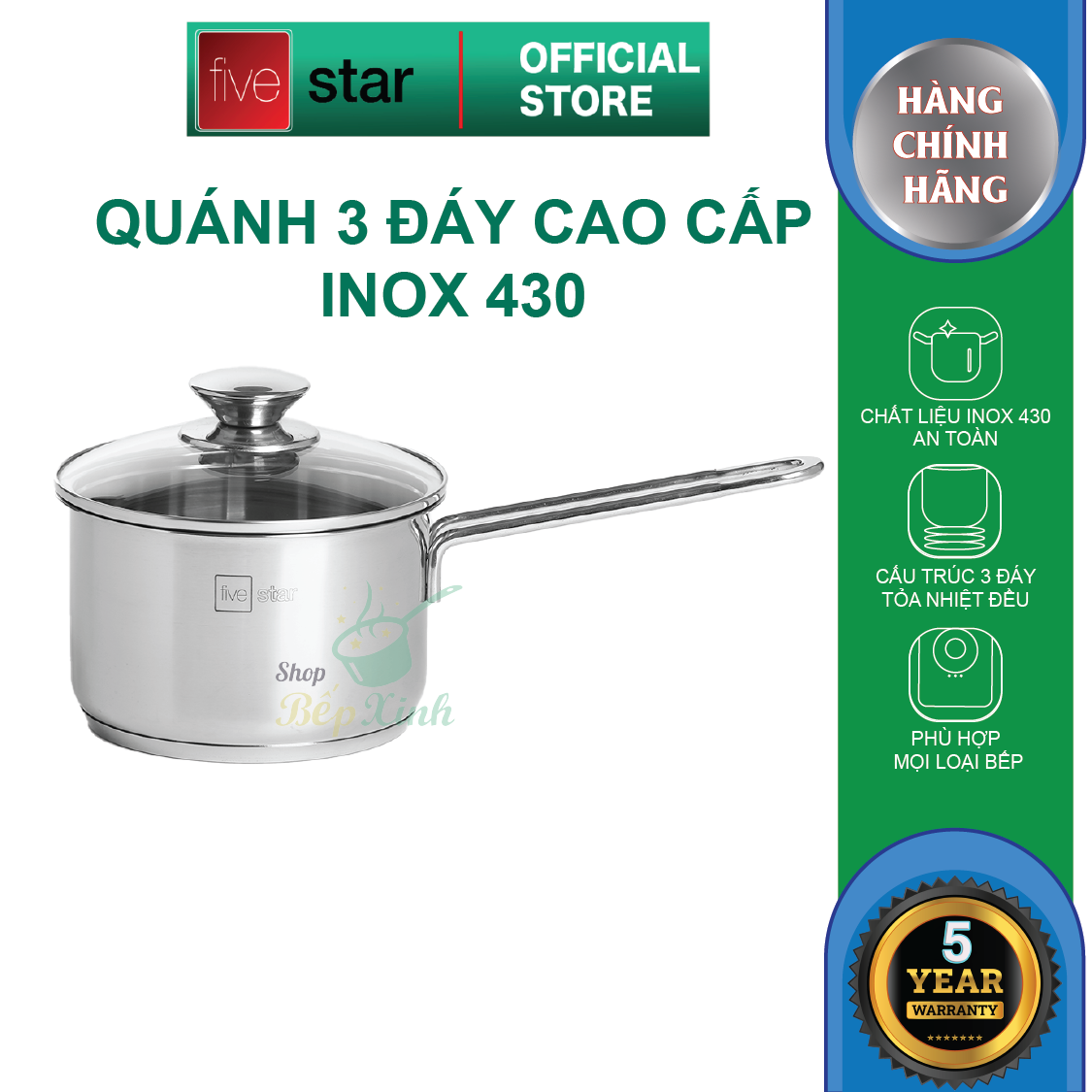 Quánh 3 đáy inox 430 Fivestar Standard nắp kính bếp từ ( 12cm/14cm/16cm ) , tặng 1 vá canh