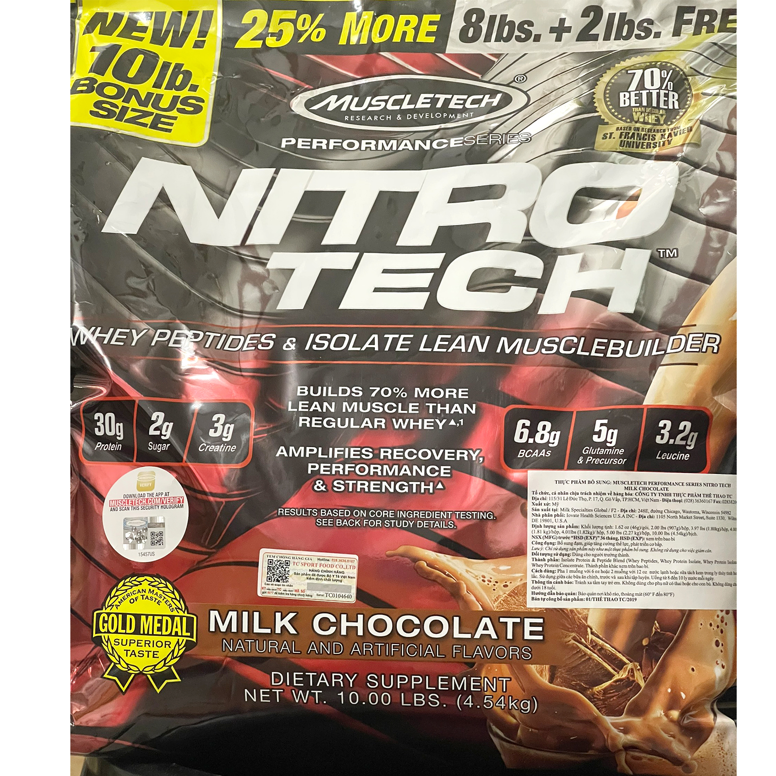 Combo Sữa tăng cơ giảm mỡ cao cấp Nitrotech của Muscletech hương Chocolate bịch lớn 10lbs 100 lần dùng hỗ trợ tăng cơ, giảm cân, đốt mỡ, phục hồi cơ bắp & Bình INOX 739ml (Mẫu ngẫu nhiên)