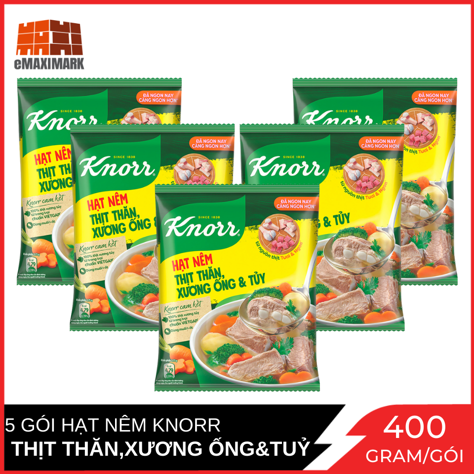 Combo 5 Gói Hạt Nêm Knorr Từ Thịt Thăn, Xương Ống Và Tủy Bổ Sung Vitamin A 400 Gram / Gói