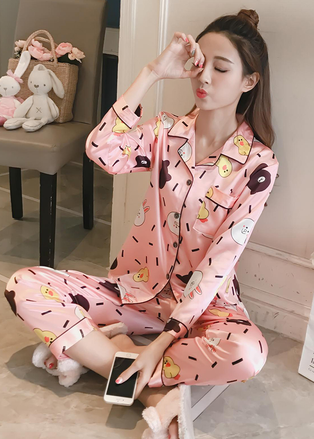 Quần áo tay dài nữ mặc nhà họa tiết mặt gấu CDANP14 - cam hồng