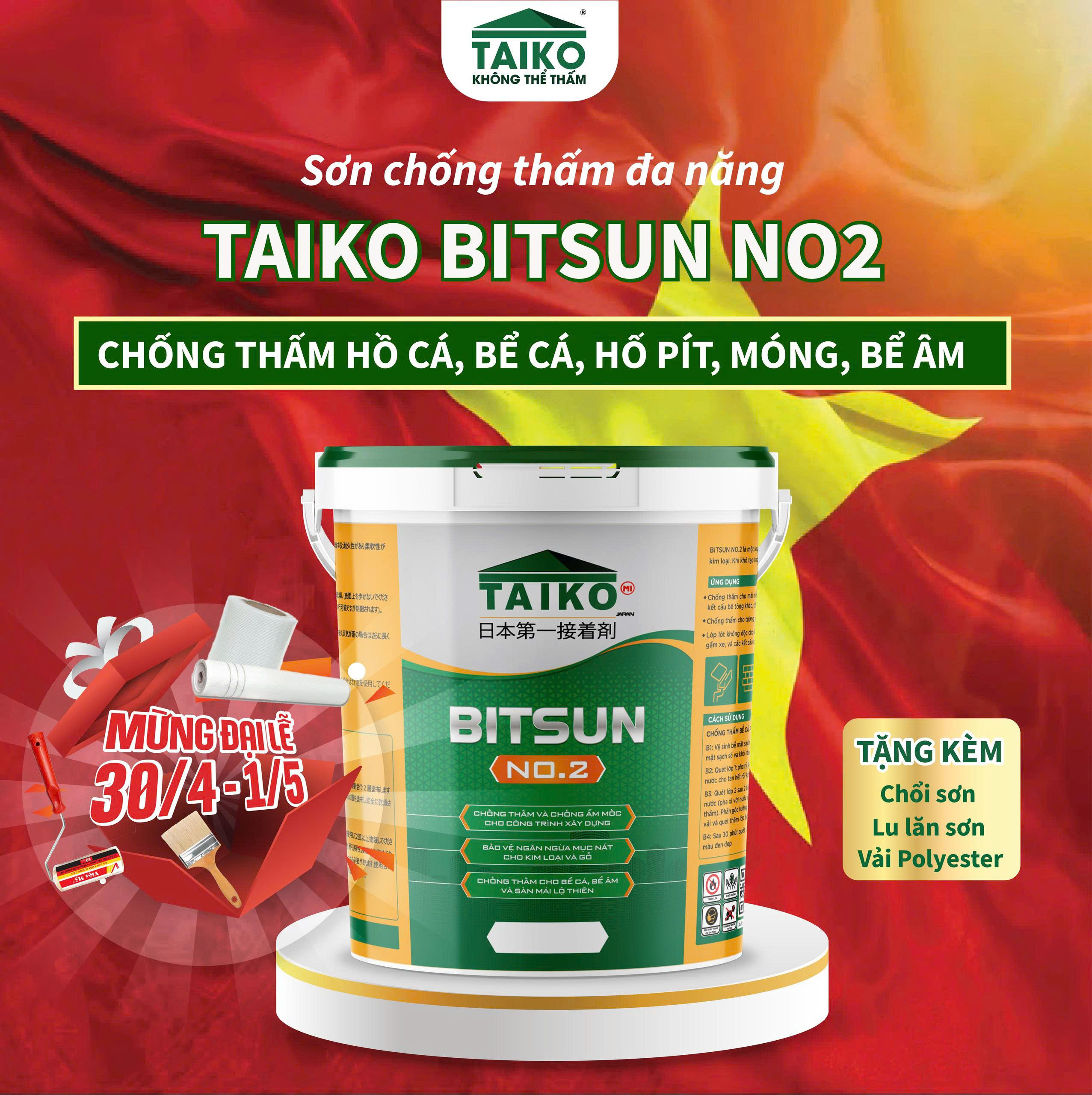 [5 Kg] Sơn Chống Thấm Đa Năng Gốc Bitum TAIKO BITSUN NO2 - Keo Sơn Chống Thấm Bể Cá Koi, Sàn Mái Nhà, Móng Nhà, Bể Âm