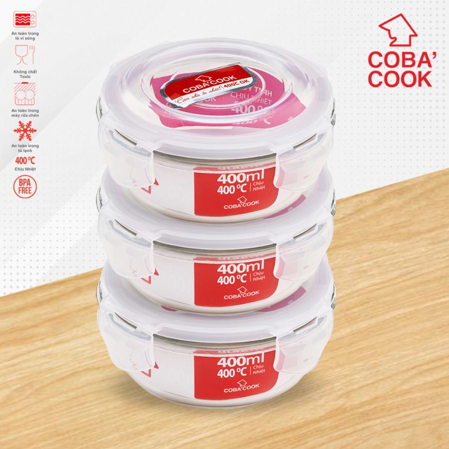 Bộ 3 hộp thủy tinh COBA'COOK đựng thực phẩm chịu nhiệt hình tròn dung tích 400ml - CCR43