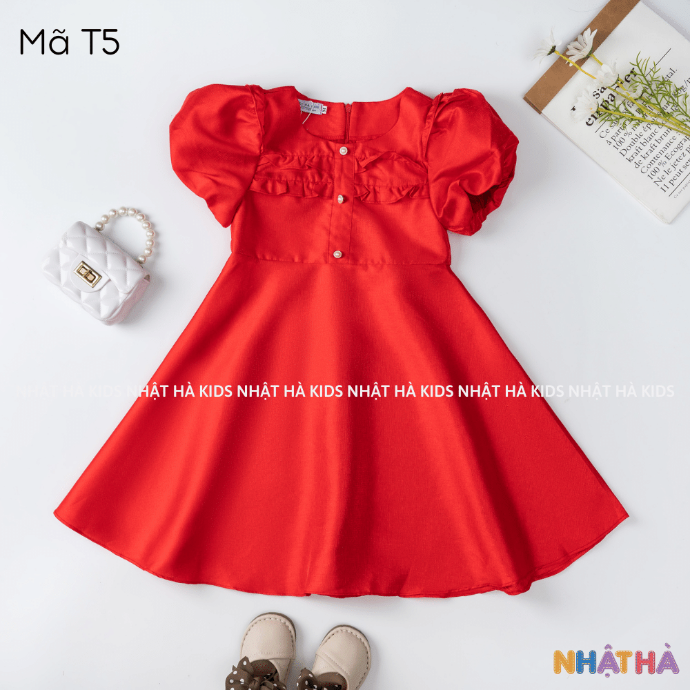Váy đỏ cho bé gái T5 chát liêu tafta cổ điệu siêu điệu size đại 11-45kg