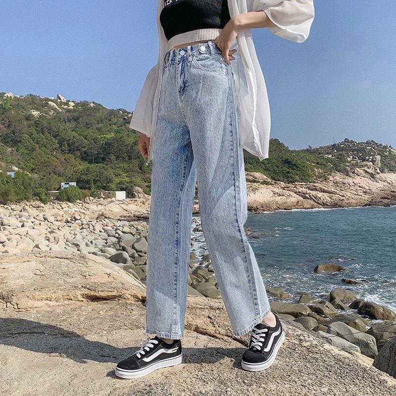 Quần jean nữ ống rộng lưng cao phong cách Hàn Quốc