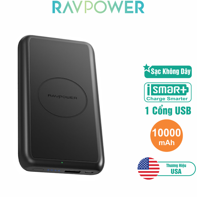 Pin Sạc Dự Phòng RAVPower 10000mAh RP-PB081 Tích Hợp Sạc Không Dây Hỗ Trợ USB Type-C Đầu vào - Hàng Chính Hãng