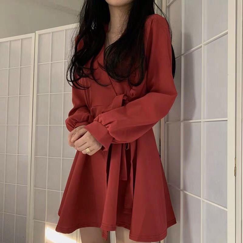 Đầm Nữ Xinh Dài Tay Cổ V Thắt Nơ Tôn Dáng