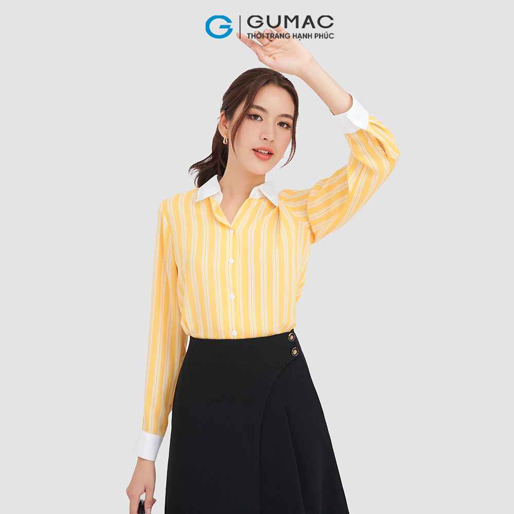 Áo sơ mi nữ GUMAC LA0911 tay dài họa tiết sọc phối vải trắng công sở