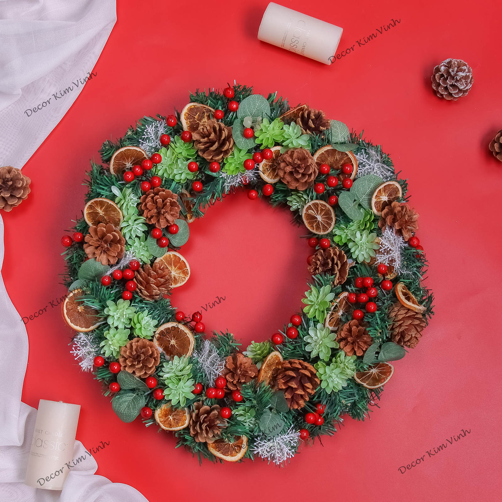 Vòng Tròn Nến Giáng Sinh DN129 Kèm Nến Vòng Nến Lát Cam Trang Trí Noel Vintage Lãng Mạn