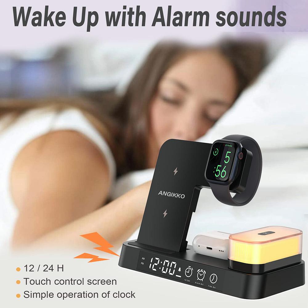 AD3053 - Bộ sạc không dây từ tính 5 món trong 1 gồm Đế sạc - Đồng hồ báo thức - Đèn ngủ - Sạc Điện Thoại - Sạc tai phone