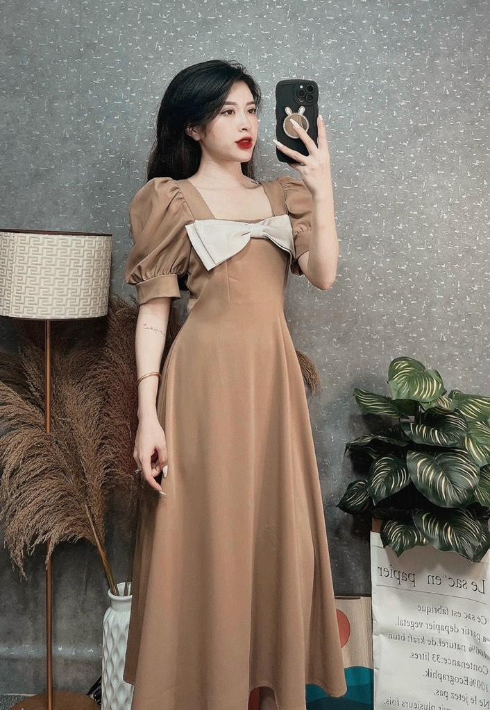 ĐẦM MIDI NƠ NGỰC PHỐI MÀU  14489