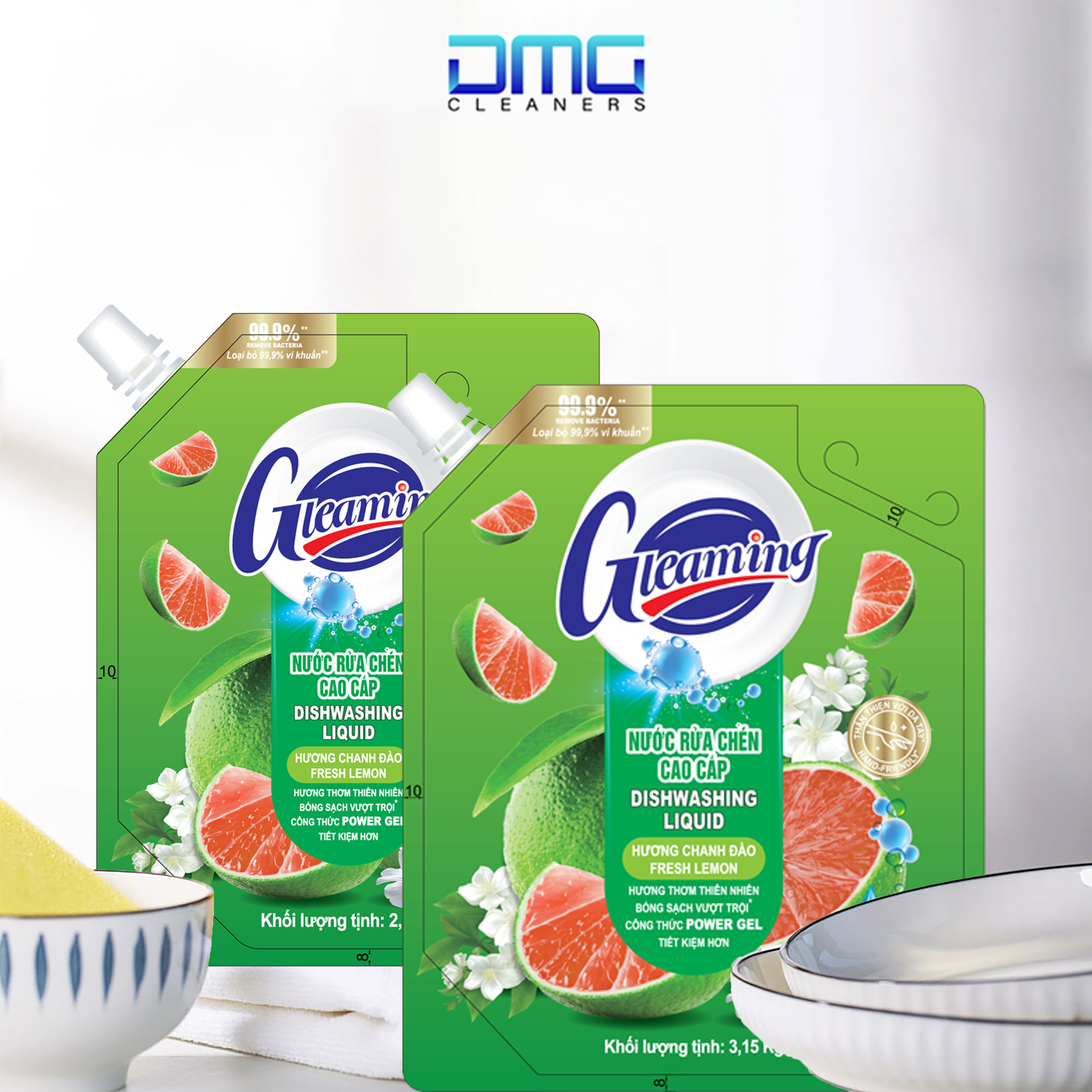 Túi Nước Rửa Chén Bát Cao Cấp Gleaming 3,15 Kg Hương Chanh Đào