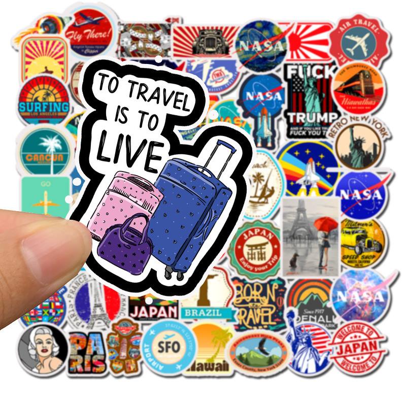 Bộ 50 Sticker dán Macbook, Vali, Mũ bảo hiểm, Điện thoại, Laptop chủ đề du lịch thế giới Travel Word - Hàng nhập khẩu