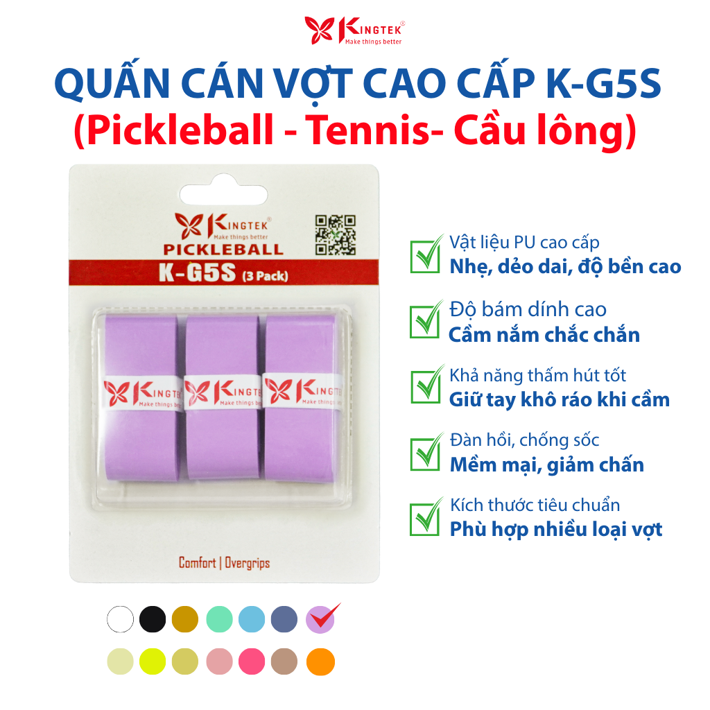 Quấn Cán Vợt KINGTEK K-G5S | Overgrip Cao Cấp Cho Pickleball  / Cầu Lông / Tennis | Êm Tay – Chống Trượt – Hút Mồ Hôi -