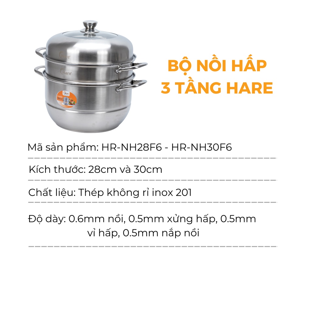 Bộ nồi hấp inox cao cấp đáy từ 3 tầng vung kính - thương hiệu Hare -  lỗi 1 đổi 1