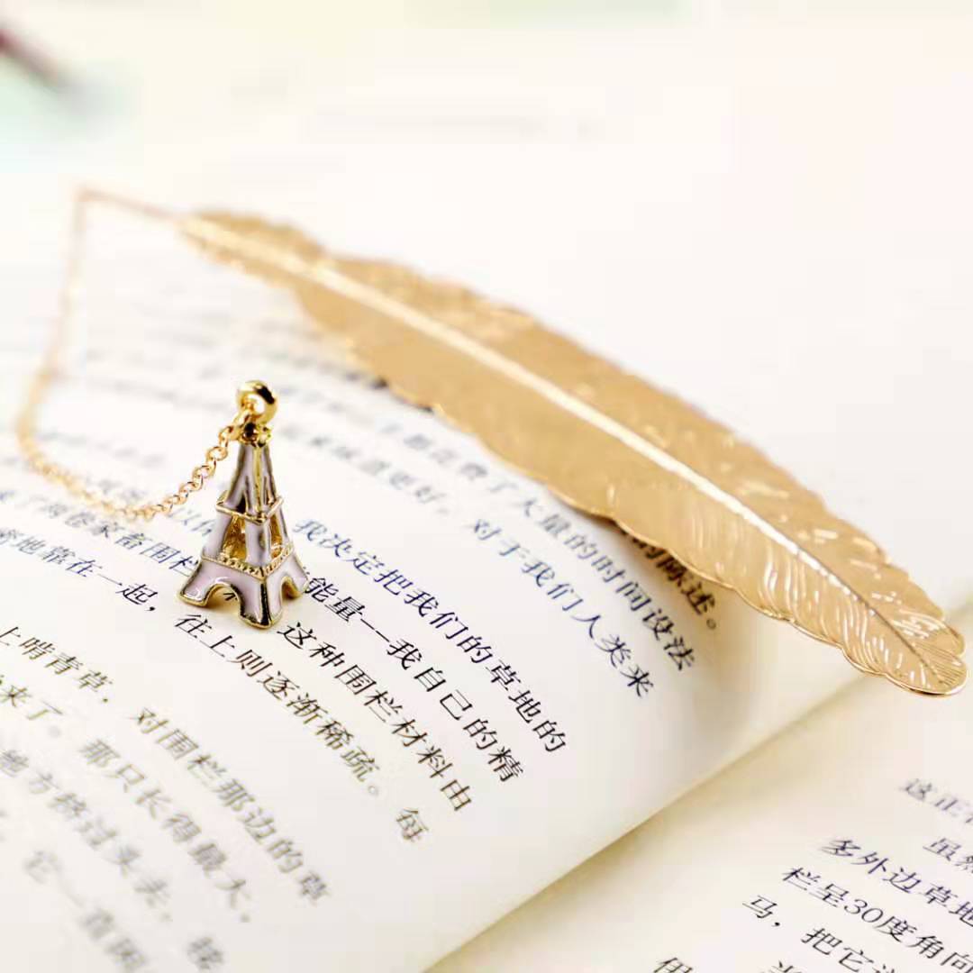 Bookmark Kim Loại Đánh Dấu Sách Hình Lông Vũ Dây Treo - Tháp Eiffel Màu Trắng