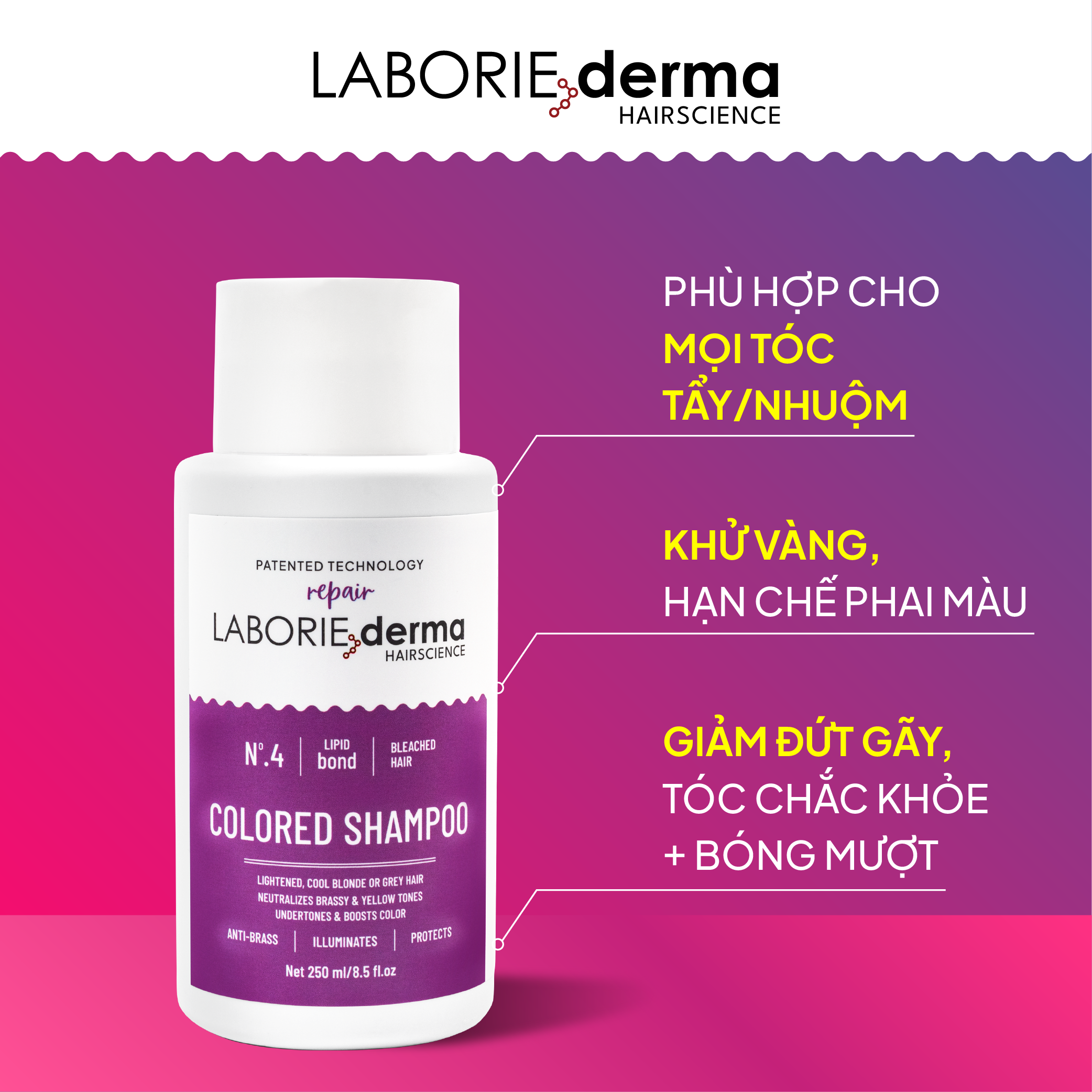 Dầu gội tím giúp làm sáng và đều màu tóc LABORIE derma Colored Shampoo - 250ml