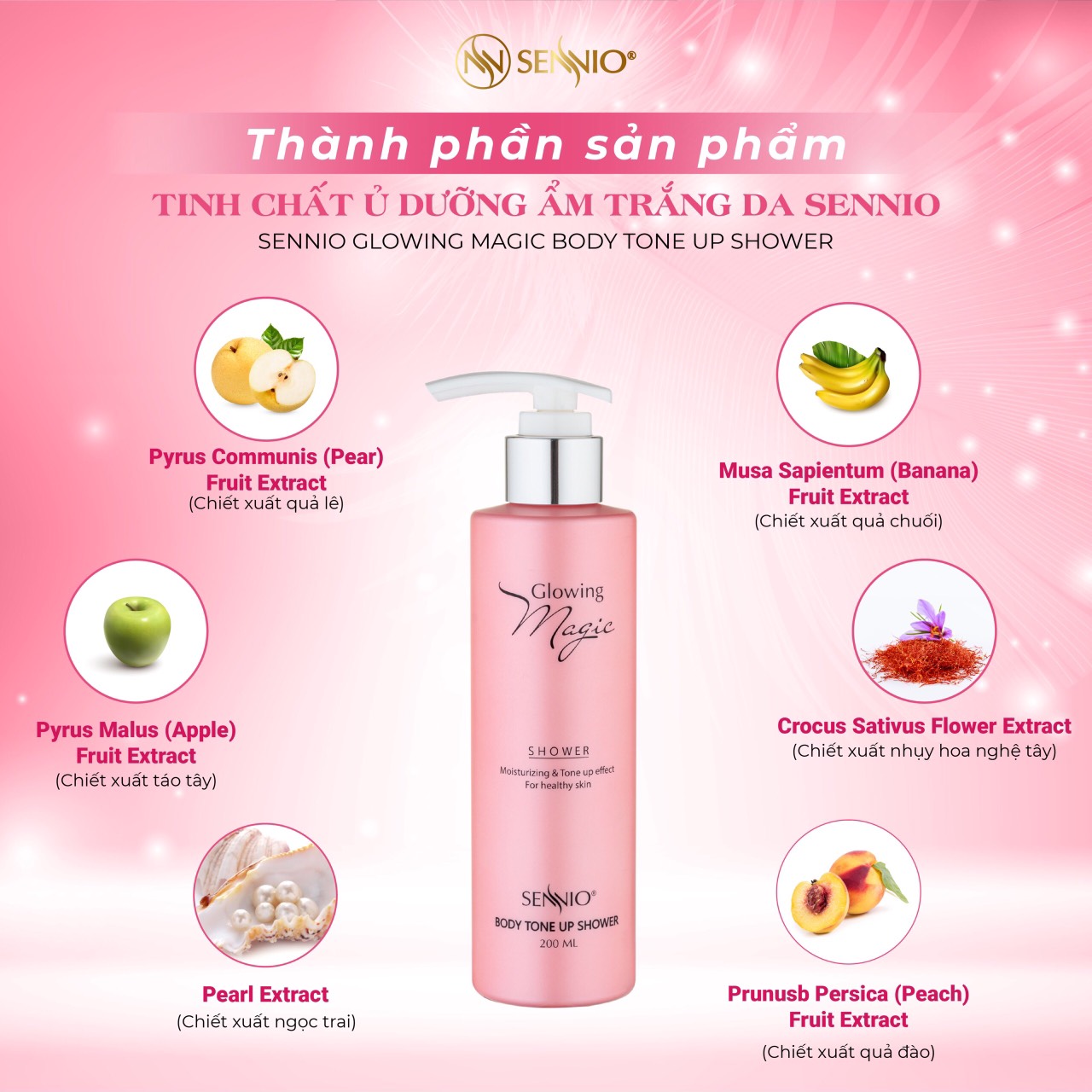 Kem ủ trắng body Sennio Glowing Magic Body Tone Up Shower dưỡng ẩm trắng da 200ml SNO 501