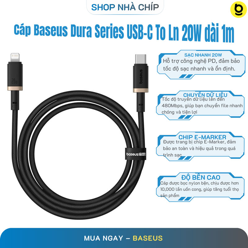 Cáp Baseus Dura Series USB-C To Ln 20W dài 1m - Hàng Chính Hãng