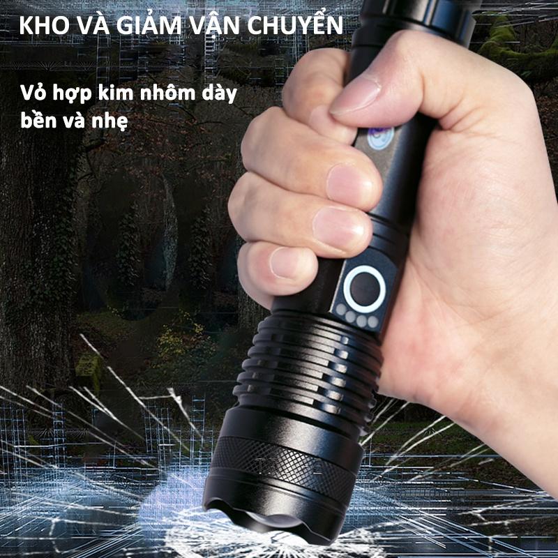 Đèn pin siêu sáng XHP50 bản cao cấp đèn led chiếu xa chống nước, chiếu xa 300m, sạc pin tiện lợi Độ sáng 1800 lumens
