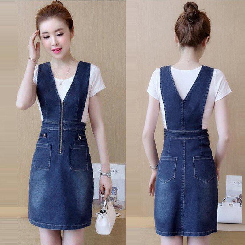 Đầm Jean Yếm Cổ V Nẹp Viên Phối Nón Ko Kèm Áo Thun BY1161 - Yếm Jean,L