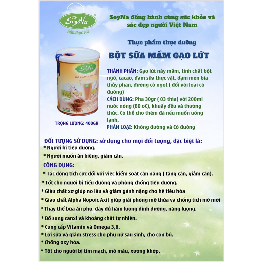 Sữa Mầm Gạo Lứt Soyna 400g - Sữa Bổ Sung Dinh Dưỡng cho Người Giảm Cân, Ăn Kiêng, Ăn Chay, Người Bị Tiểu Đường, Tim Mạch, Mỡ Máu, Xương Khớp, Người Tập Gym Và Yoga, Thay Thế Bữa Ăn - Tặng 1 Ly Thủy Tinh Pha Sữa Có Vạch Chia ML