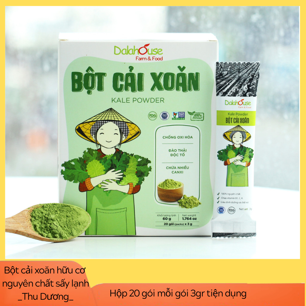 Bột cải xoăn hữu cơ sấy lạnh Dalahouse - Hộp 20 gói 3gr tiện lợi - Đào thải độc tố, chống ô xy hóa, bổ sung can xi hữu cơ cho cơ thể