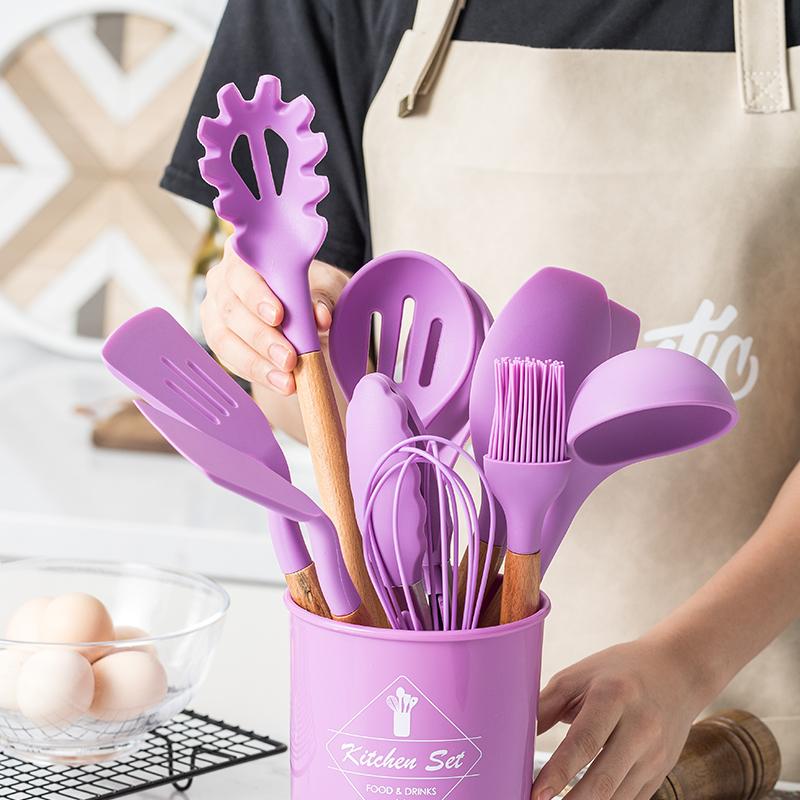 Mới Màu Tím Lưu Trữ Xô Silicone Bộ Đồ Dùng Nhà Bếp Tay Cầm Bằng Gỗ Không Dính Thìa Đũa Dụng Cụ Nhà Bếp Nấu Ăn Dụng Cụ Hộ Gia Đình