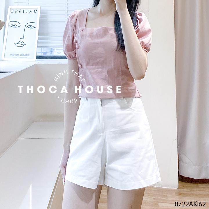 Áo croptop ulzzang cổ U nút bọc tay phồng trơn nhiều màu THOCA HOUSE xinh xắn, trẻ trung