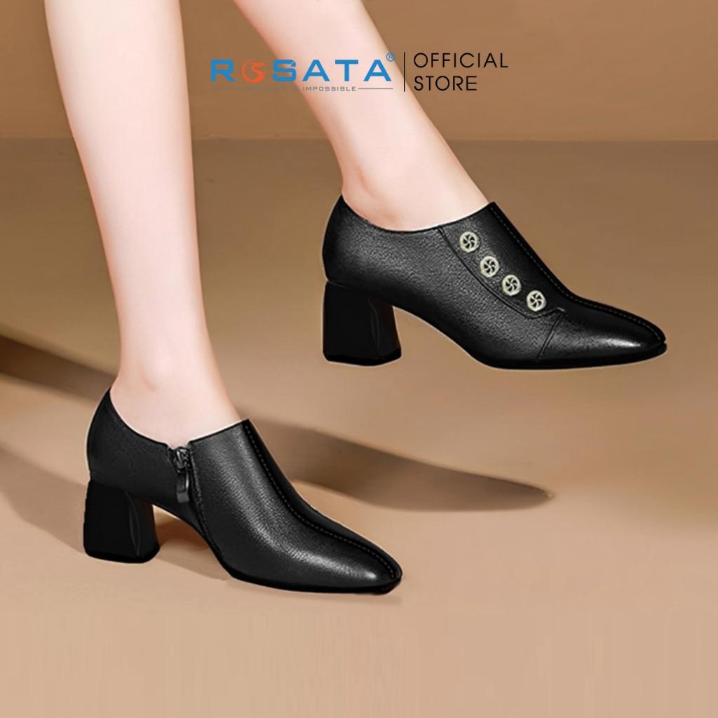 Giày bốt nữ ROSATA RO289 cổ thấp mũi tròn êm chân phối khuy khóa kéo gót cao 5cm xuất xứ Việt Nam - Đen