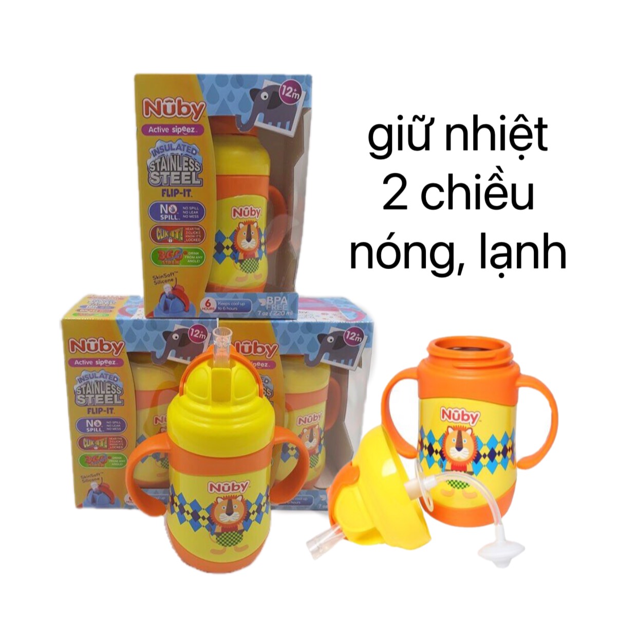 [ 10222-Nuby ] Bình uống nước giữ nhiệt bằng Inox, ống hút 360 độ, 2 chiều nóng lạnh, dung tích 220ml