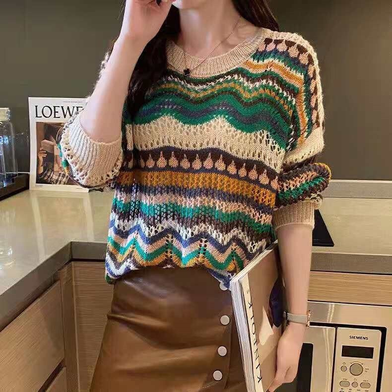 Áo len nữ form rộng phối màu trẻ trung mẫu mới Ah09