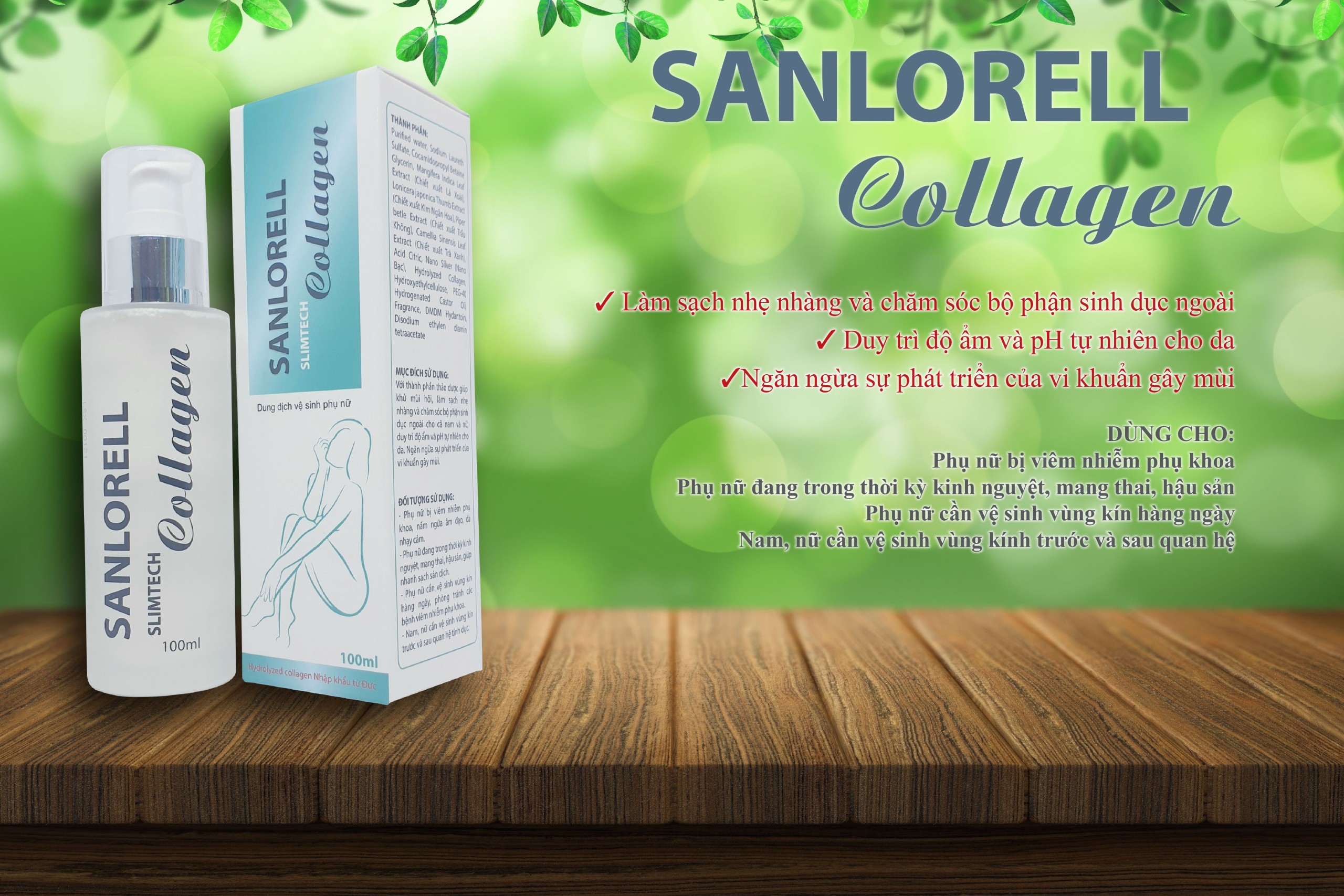 Dung Dịch Vệ Sinh - Sanlorell Slimtech Collagen - Khử Mùi, Làm Sạch, Duy Trì Đàn Hồi Da, Vệ Sinh Vùng Kín Trước Và Sau Quan Hệ (Chai 100 ml)