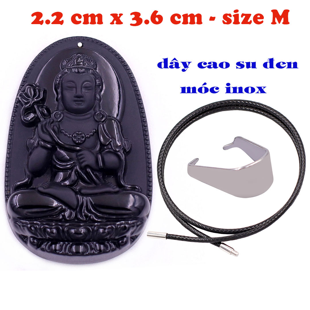 Mặt Phật Đại thế chí thạch anh đen 3.6 cm kèm vòng cổ dây cao su đen - mặt dây chuyền size M, Mặt Phật bản mệnh