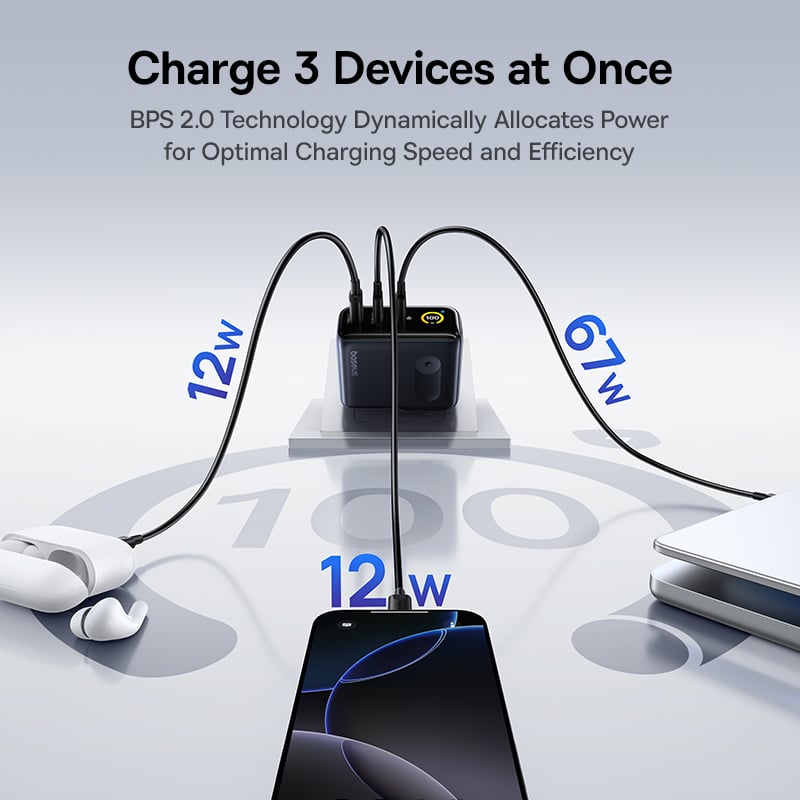Bộ sạc nhanh Baseus PicoGo AE21 Digital Display Fast Charger 2C+U 100W US Cosmic  Kèm cáp Type-C to Type-C 100W 20V/5A 1.5m - Hàng Chính Hãng