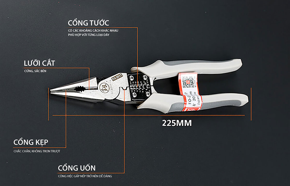 Kềm nhọn, Kìm điện đa năng cao cấp Nhật Bản 5 trong 1 FUKOUKA FO-2017 8inch/220mm (Kẹp-Cắt-Uốn-Cuộn-Tuốt dây) Nhập Khẩu Trực Tiếp An Toàn Dễ Sử Dụng