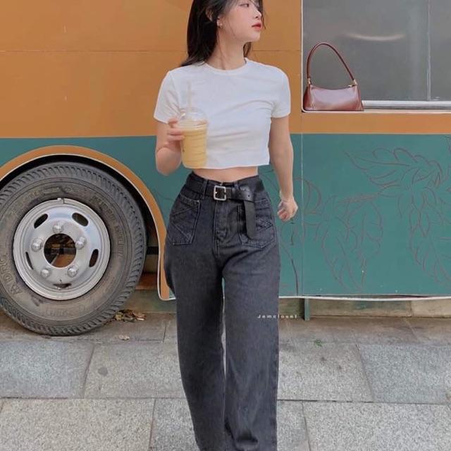 Quần jean ống rộng dáng dài hai túi trước, 269BE