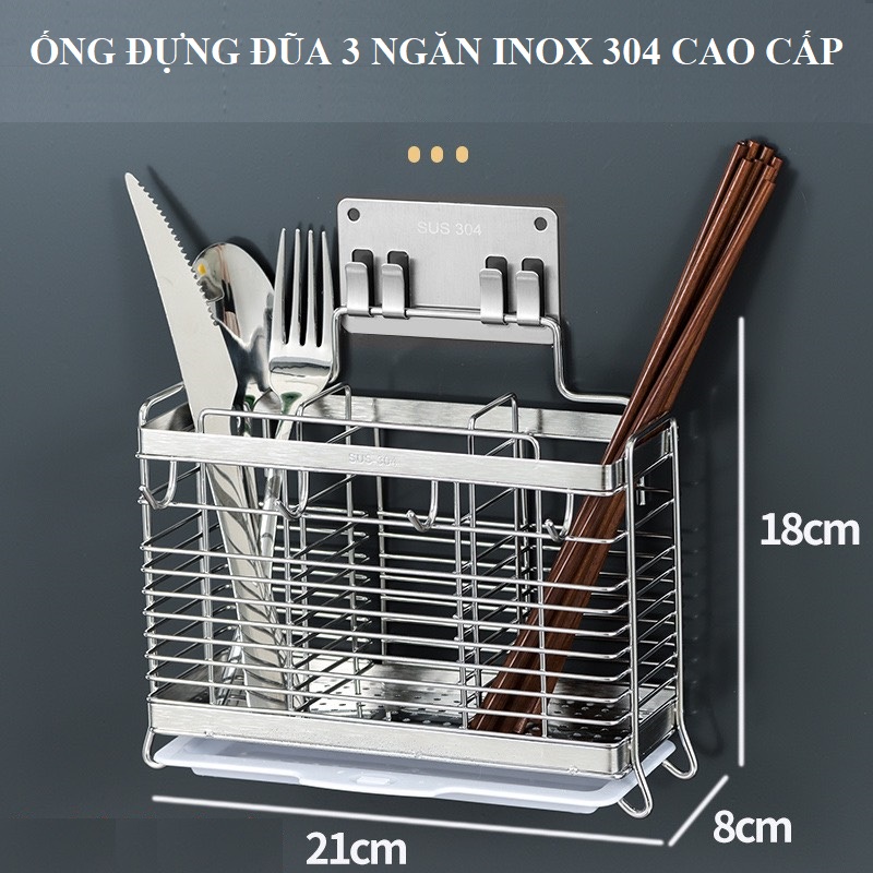 Ống Đựng Đũa Thìa Dĩa 3 Ngăn K9 Inox 304 Cao Cấp - Có Thể Dán Tường