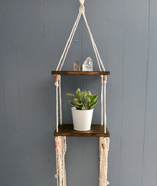 Kệ gỗ trang trí treo dây macrame decor treo tường phối nút đồng lạ độc