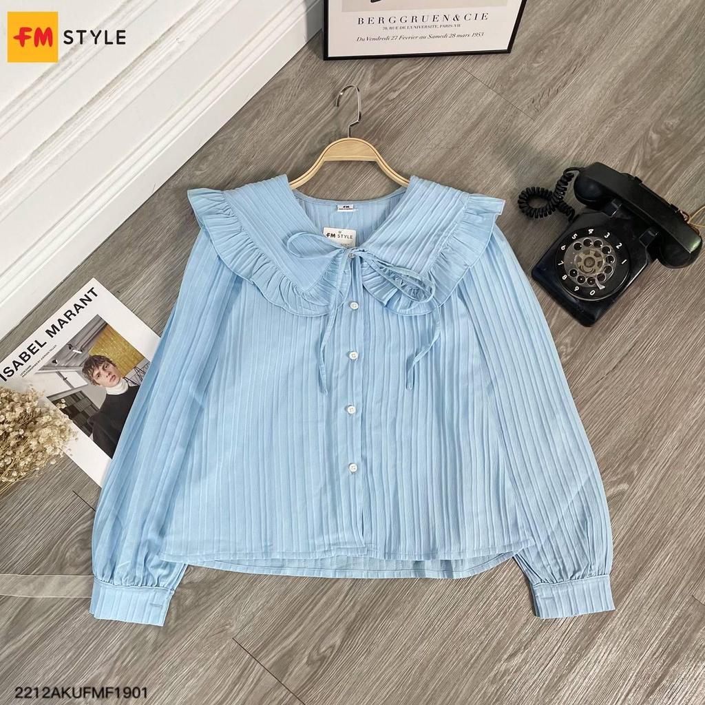 Áo sơ mi nữ Fm Style kiểu xốp sọc gân cổ bèo thắt nơ thời trang thiết kế phong cách tiểu thư xinh xắn 22120820