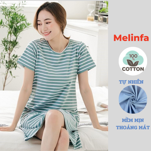 Váy đầm nữ dáng suông kẻ ngang ngắn tay vải Cotton tự nhiên thoáng mát mặc mã VAV0239