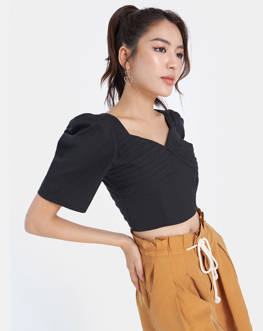 Áo Kiểu Thời Trang JUNO Croptop Tay Phồng Xếp Ly Ngực JNAKI010