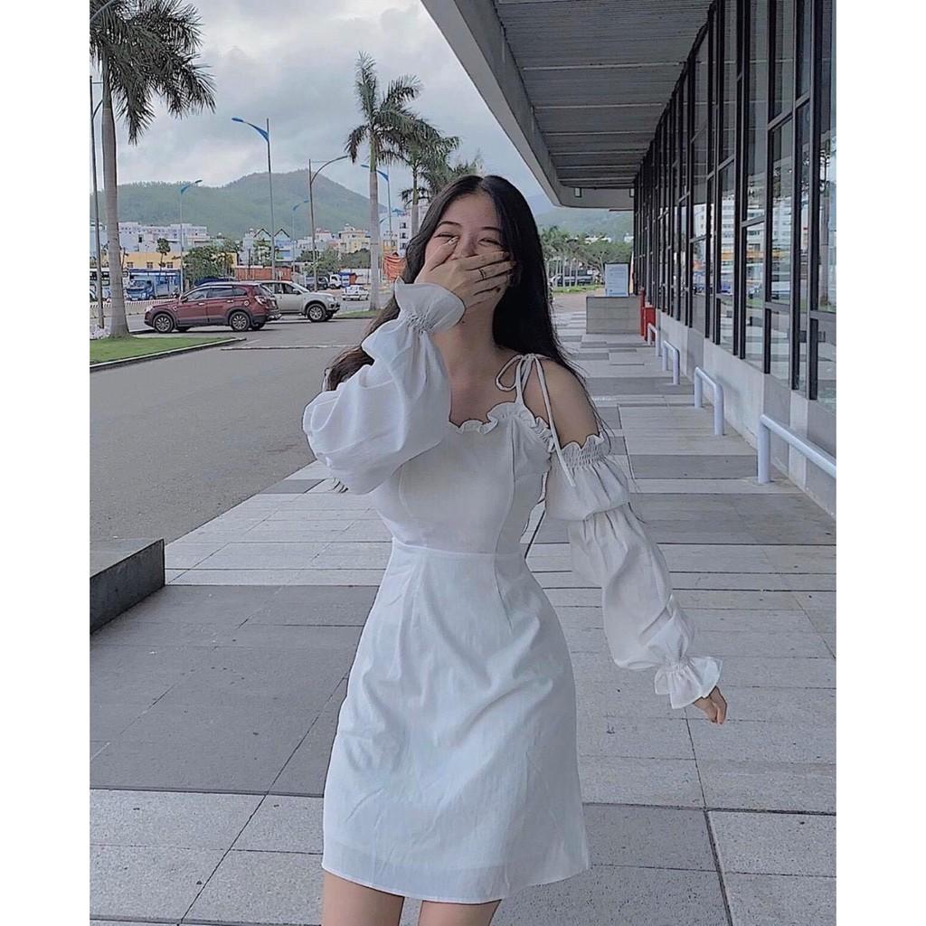 Váy đầm nữ hai dây màu trắng trễ vai tay bo thun , kiểu dáng trẻ trung dễ thương thích hợp mặc đi chơi, di tiệc