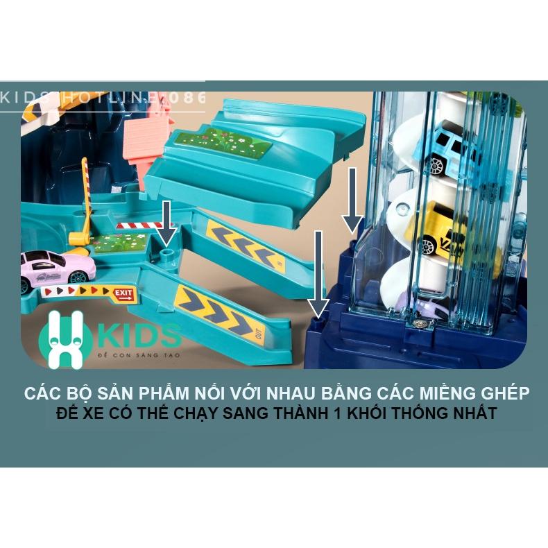 Bộ đồ chơi đường đua khủng long siêu tốc kết hợp garage đỗ xe ô tô 5 tầng kích thước lớn cho bé