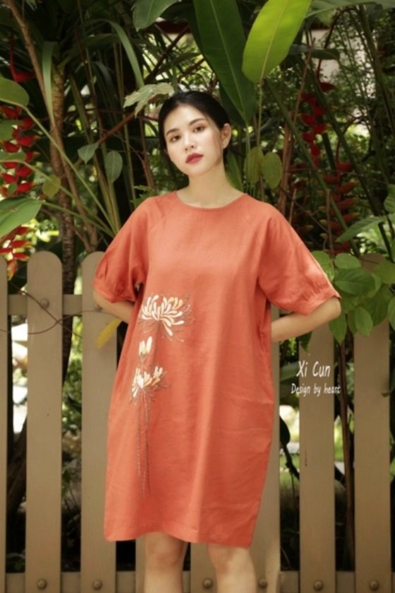Đầm suông Linen bột Premium form rộng tay bom thêu hoa trẻ trung ArcticHunter