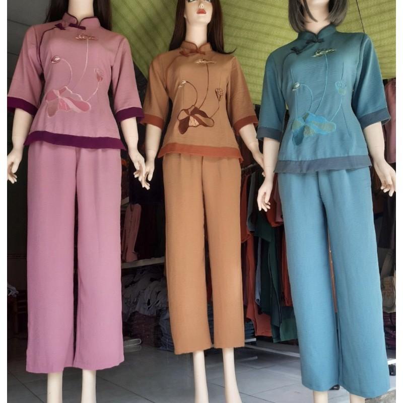 Đồ Lam Đi Chùa # Sẫm 2Nút Hoa Thêu Phối Vải Đũi