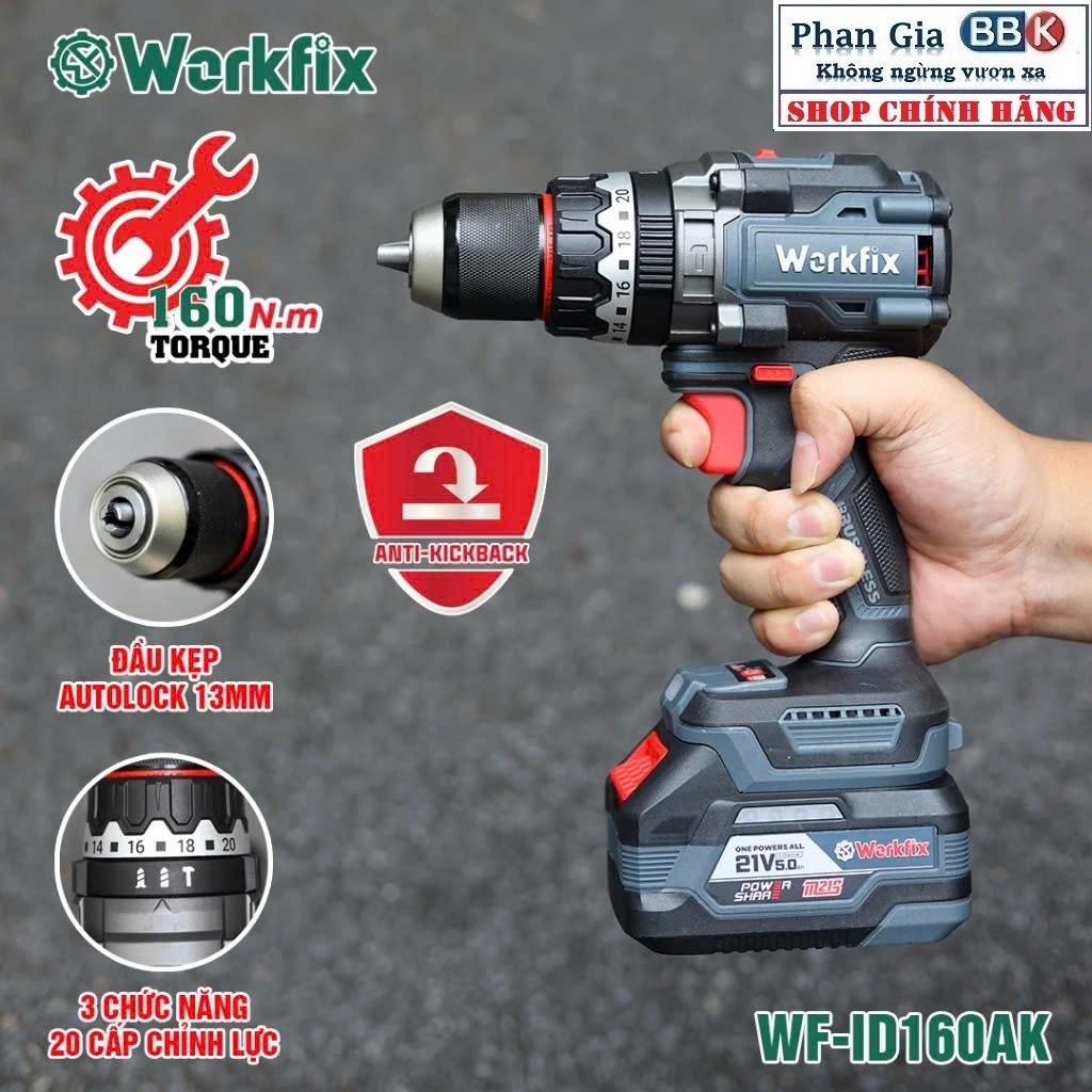 Máy khoan pin 13mm Workfix WF-ID160AK lực siết 160Nm, Không Chổi Than, Chống lật cổ tay-Bảo hành chính hãƞg