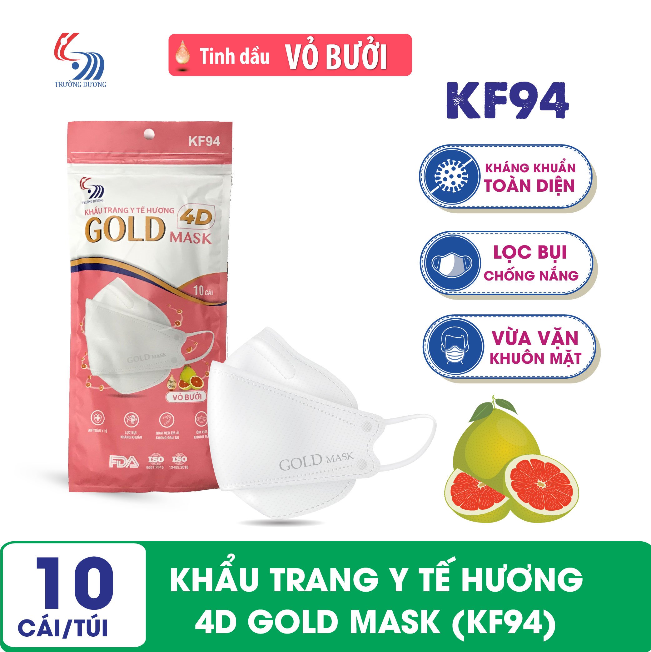 Khẩu trang y tế Hương tinh dầu Vỏ Bưởi 4D Gold Mask (KF94) - Túi 10 chiếc